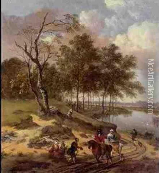 A River Landscape With Elegant Travellers And A Peasant Family On A Path Oil Painting - Jan Wijnants