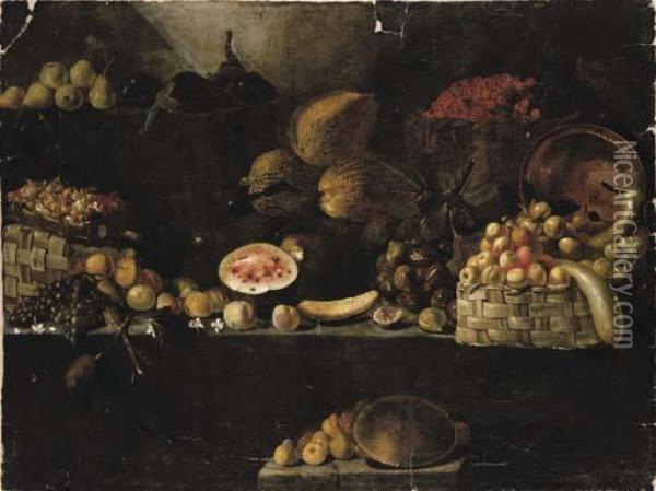 A Basket Of Apples, Calabashes, 
An Upturned Copper Vessel, Figs, Melons, With Other Fruit On Rocky 
Ledges Oil Painting - Luca Forte