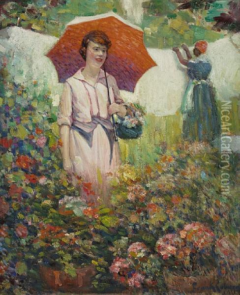 Lady In Pink With A Parasol In A Flower Garden Oil Painting - Frank Coburn