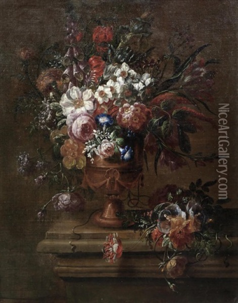 Roses, Narcissi, Morning Glory And Other Flowers In A Terracotta Vase On A Stone Ledge Oil Painting - Jacobus Melchior van Herck
