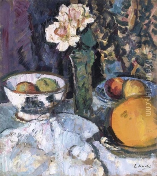 Still Life With Pink Roses And Fruit Oil Painting - George Leslie Hunter