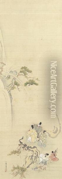 Courtiers Admiring A Waterfall, From Tsurezuregusa (essays Inidleness) Oil Painting - Ukita Ikkei
