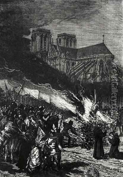 Burning of the Templars, illustration from LHistoire de France by Jules Michelet 1798-1874 Oil Painting - Daniel Urrabieta Vierge
