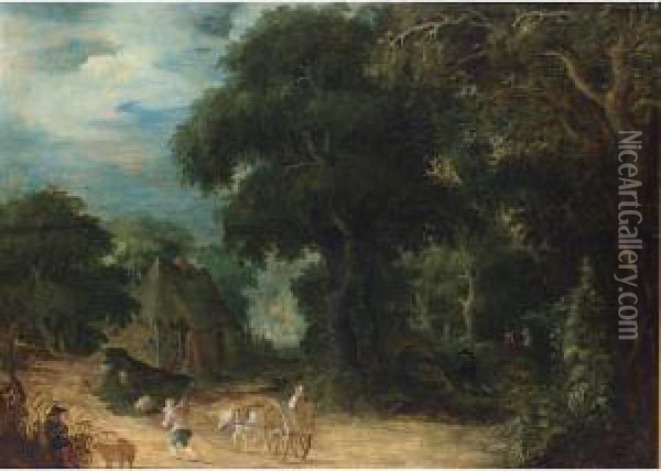 A Wooded Landscape With A Woman 
In A Horse-drawn Cart And A Shepherd And His Herd On A Path, A Peasant 
Playing A Flute In The Left Foreground Oil Painting - Abraham Govaerts