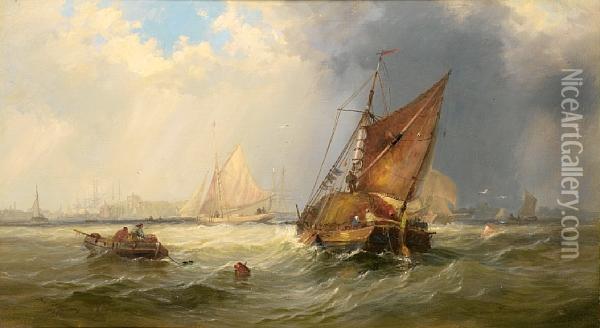Hay Barges And Other Small Craft Caught In A Squall On The Medway Oil Painting - Charles Gregory