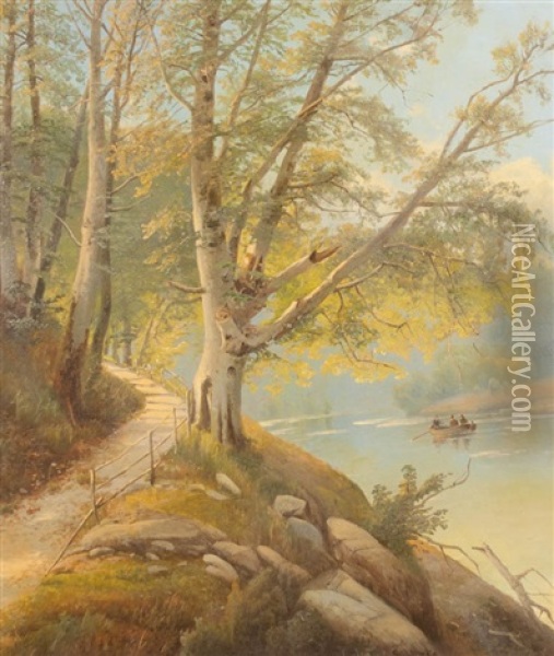 River Landscape With Path And Figures In A Rowboat Oil Painting - Siegfried Hass