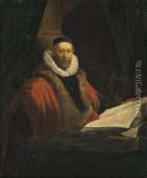 Portrait Of A Gentleman, 
Half-length, Wearing A Black Cap, White Ruff And Fur-lined Red Robe, 
Seated At A Desk Reading A Manuscript Oil Painting - Rembrandt Van Rijn