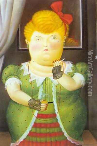Woman With a Red Bow 1990 Oil Painting - Fernando Botero