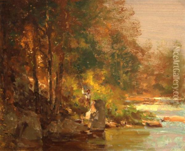 Fisherman By A Stream Oil Painting - Thomas Hill