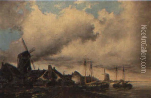 A Dutch Canal Scene Oil Painting - Louis van Staaten