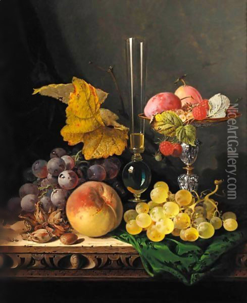 Still Life With Peaches Grapes Hazelnuts Raspberries And Plums With A Wine Glass Oil Painting - Edward Ladell