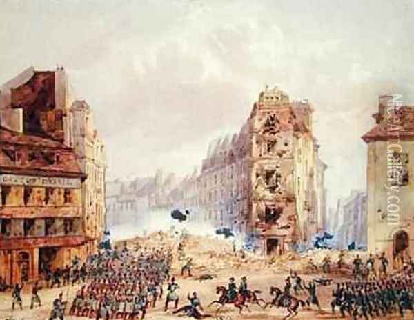 Barricade at Faubourg Saint Antoine and the Death of General Negrier Oil Painting - Gaspard Gobaut