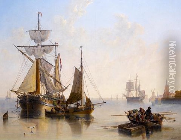 A Tranquil Day On The Scheldt, With Traditional Craft At Work Inshore And An Outbound Merchantman Trying To Catch A Breeze Beyond Oil Painting - John Wilson Carmichael