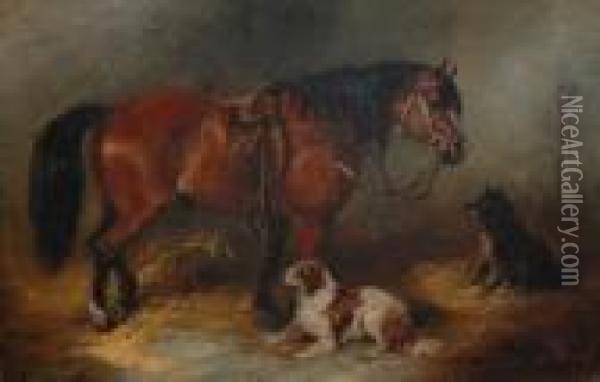 A Pony And Two Dogs In A Loose Box. Oil Painting - George Armfield