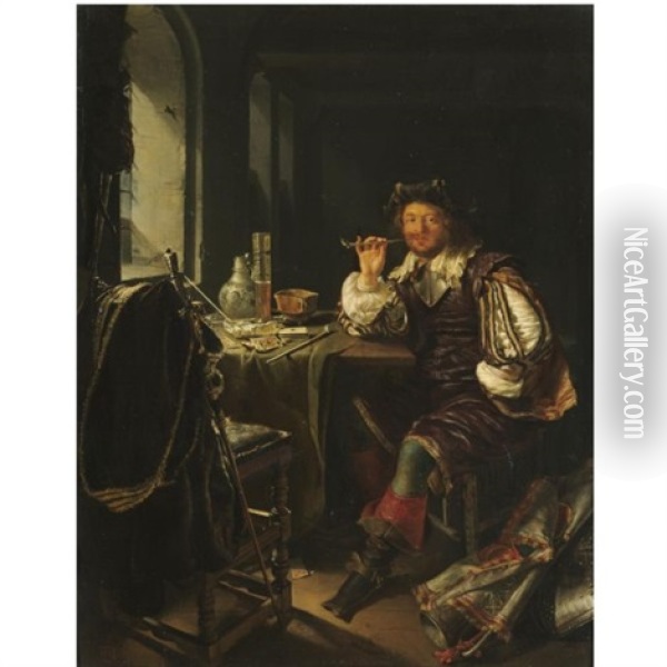 An Interior With A Soldier Smoking A Pipe Oil Painting - Frans van Mieris the Elder