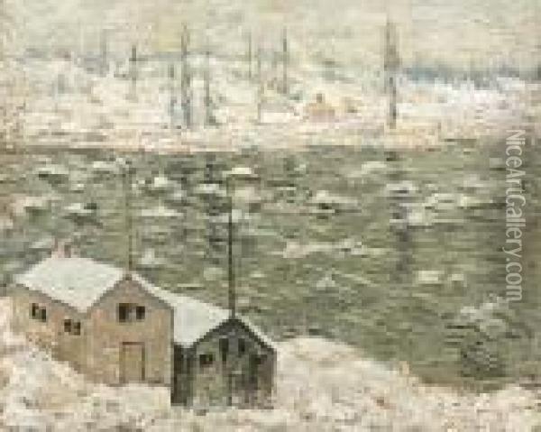 Boathouses Along A River Oil Painting - Ernest Lawson