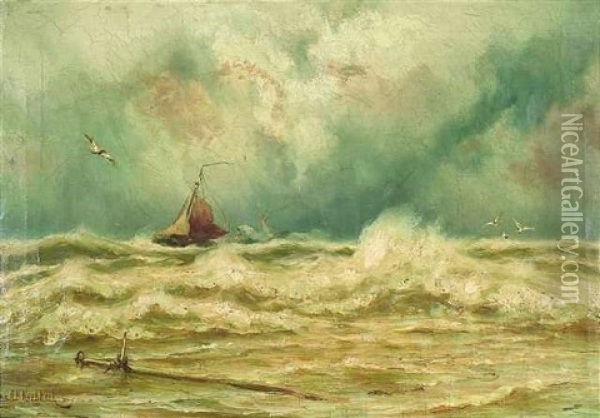 Segelschiff In Aufgewuhlter See Unter Bewolktem Himmel Oil Painting - Johannes Hermanus Barend Koekkoek