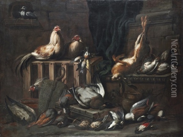 A Dove, Cockerels, Hare, Duck, Woodpecker And Other Game Birds Oil Painting - Jacob van der Kerckhoven