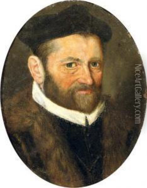 Portrait Of A Bearded Man, Bust-length, In A Fur-lined Black Costume And Black Hat Oil Painting - Frans Pourbus the younger