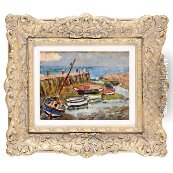 Fishing Boats Low Tide Oil Painting - George Leslie Hunter