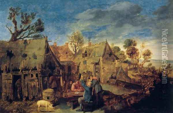 Village Scene with Men Drinking Oil Painting - Adriaen Brouwer