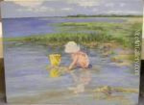 Child Playing In Shallow Water Byshoreline Oil Painting - Mabel May Woodward