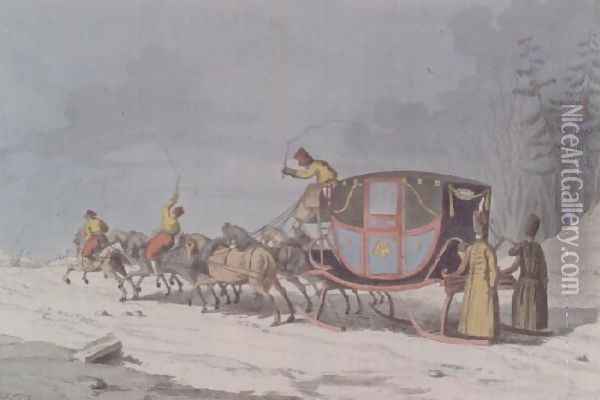 Horse and carriage on Sledges from Customs and Habits of the Russians Oil Painting - Armand Gustave Houbigant