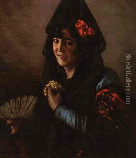 An Elegant Lady Wearing A Mantilla Oil Painting - Cecilio Pla