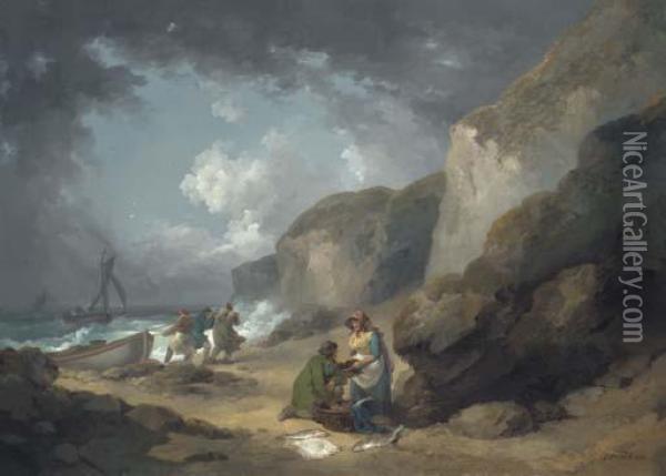 A Coastal Scene With Fisherfolk On The Shore Oil Painting - George Morland