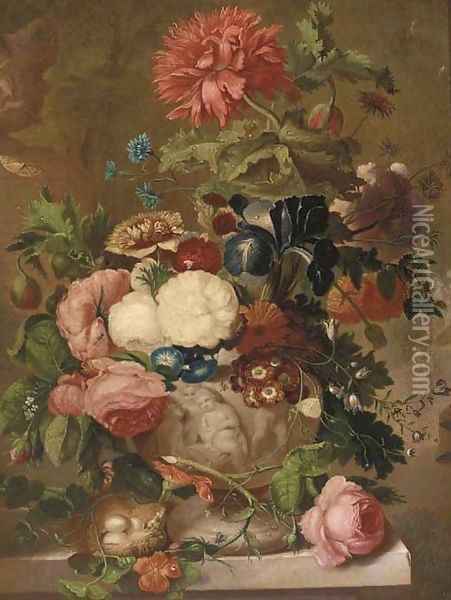 Roses, carnations and other flowers in a sculpted vase on a ledge with a bird's nest Oil Painting - Jan van Os