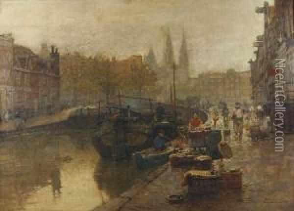 Amsterdamer Gracht Mit Fischhandlern. Oil Painting - Hans Herrmann