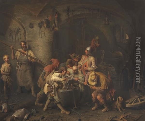 Die Sieben Schwaben In Der Schmiede Beim Prufen Ihres Spieses Oil Painting - Peter Baumgartner
