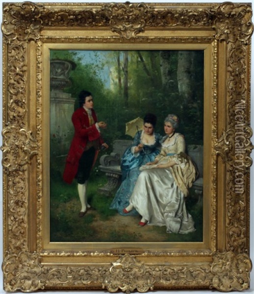 Courting Scene With A Gentleman Handing A Flower To Ladies Seated Oil Painting - Hermann Philips