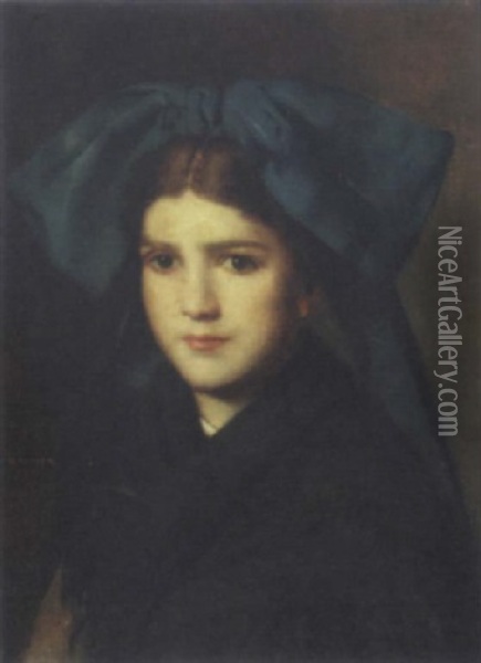 A Young Girl Wearing A Blue Ribbon Oil Painting - Jean Jacques Henner