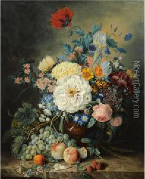 A Still Life With Flowers And Fruit Oil Painting - Adriana Van Ravenswaay