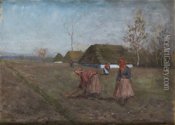 Scena Rodzajowa Z Kobietami Pracujacymi Na Polu Oil Painting - Jan Bochenski