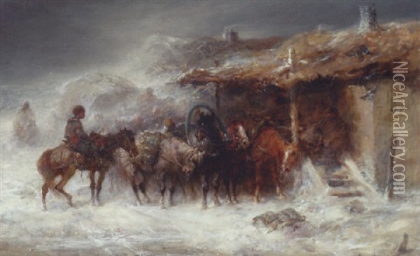 Wallachian Horsemen In Winter Oil Painting - Adolf Schreyer