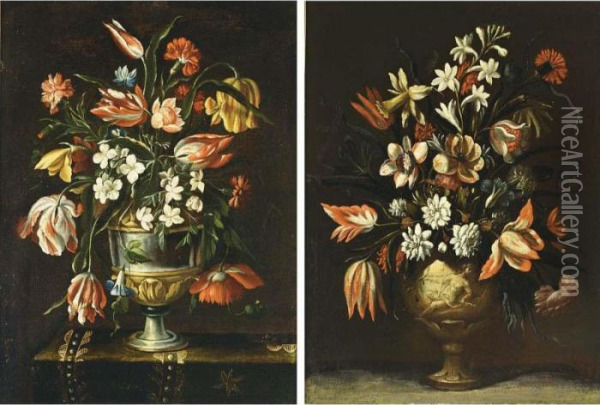 A Still Life With Tulips, 
Jasmin, Carnations, Auricula And Other Flowers In A Silver Gilt Vase On A
 Draped Table Oil Painting - Mario Nuzzi Mario Dei Fiori