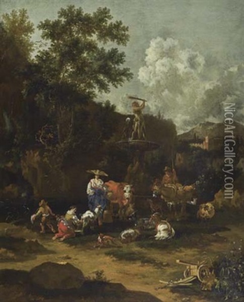 Bauern Mit Vieh Bei Einem Antiken Brunnen Oil Painting - Johannes van der Bent