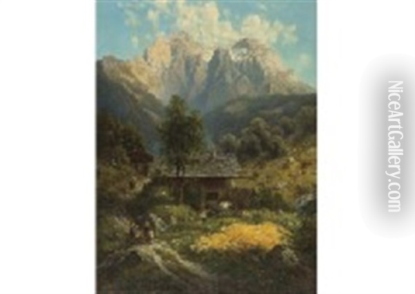 Landscape With Mountain Hut Oil Painting - Josef Schoyerer