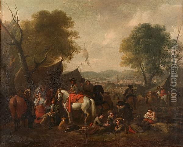Soldiers And Horsemen Resting In A Military Encampment Oil Painting - Jan von Huchtenburgh