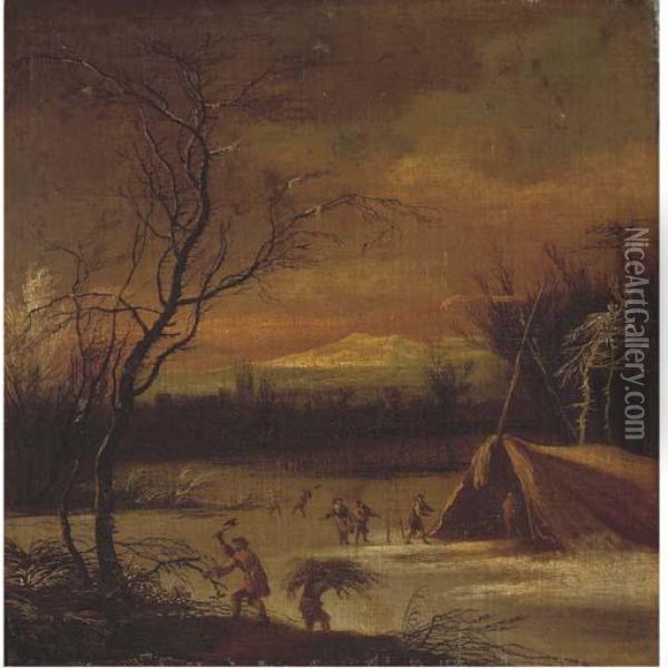 A Mountainous River Winter Landscape Oil Painting - Johann Christian Vollerdt or Vollaert