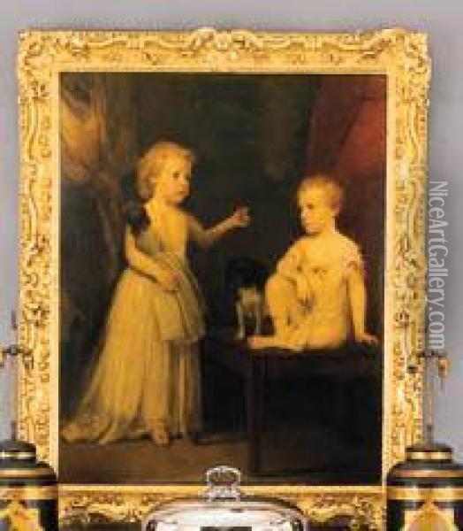 Portrait Of Two Children, One 
Seated On A Table With His Dog, Theother Standing Small Full Length 
Holding A Doll And A Ball Oil Painting - John Hoppner