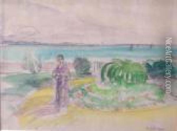 Figure In A Landscape With Sea In Distance Oil Painting - Henri Lebasque