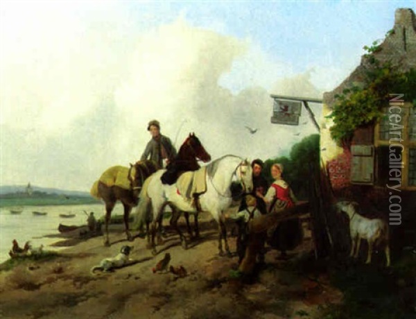 Horsemen Before A Country Tavern Oil Painting - Gysbertus Craeyvanger