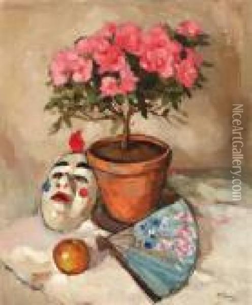 Stilleven Met Waaier, Masker En Begonia Oil Painting - Abraham Fresco
