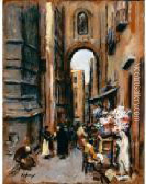 Napoli, La Via Del Mercato Oil Painting - Vincenzo Migliaro