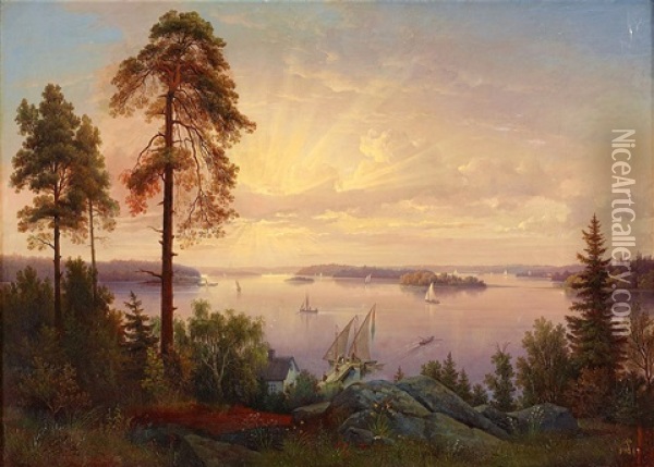 Inloppet Till Stockholm Fran Drottningholm Oil Painting - Gustaf Wilhelm Palm