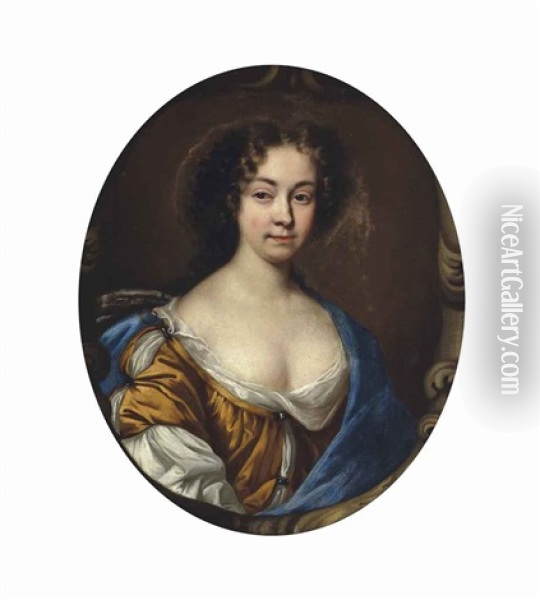Portrait Of A Lady, Half-length, In A Brown And White Dress And Blue Wrap, In A Sculpted Cartouche Oil Painting - John Riley