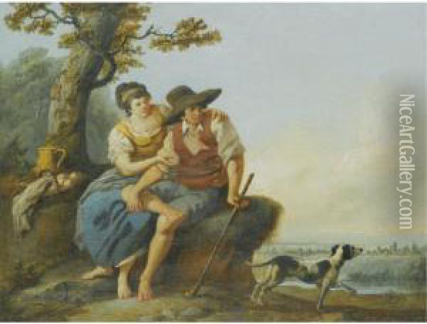 A Milkmaid And A Shepherd In A Landscape Together With Their Dog Oil Painting - Louis Joseph, Dit Watteau De Lille
